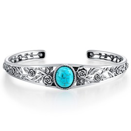 DOLIOX Genuine Turquoise Vintage Rose Flower Bracelet Bangle, Sterling Silver Boho Adjustable Bangle Cuff Native American Jewelry for Women, Fit for 6.5 7 7.5 Inches