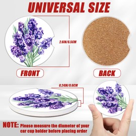 Vintage Lavender Cup Holder Car Coasters, Purple Floral Absorbent Ceramic Car Coasters for Cup Holders, Car Accessories for Women Men (2 Pack)