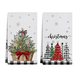 Auomily Xmas Tree Merry Christmas Kitchen Towels Dish Towels, 18x26 Inch Farmhouse Basket Holly Star Holiday Winter Decoration Hand Towels Set of 2