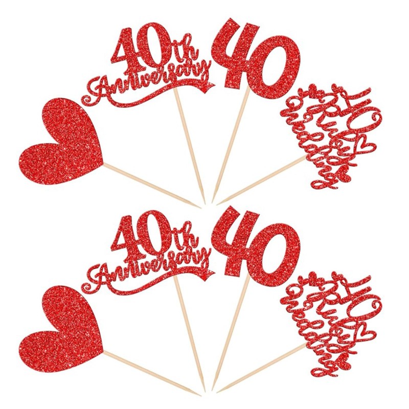 24Pcs 40th Ruby Wedding Anniversary Cupcake Toppers, Red Glitter Heart