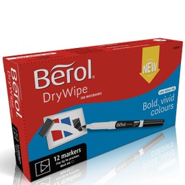 Berol Dry Wipe Whiteboard Marker Pens | Fine Tip | Black Low-Odour Ink | 12 Dry Erase Markers