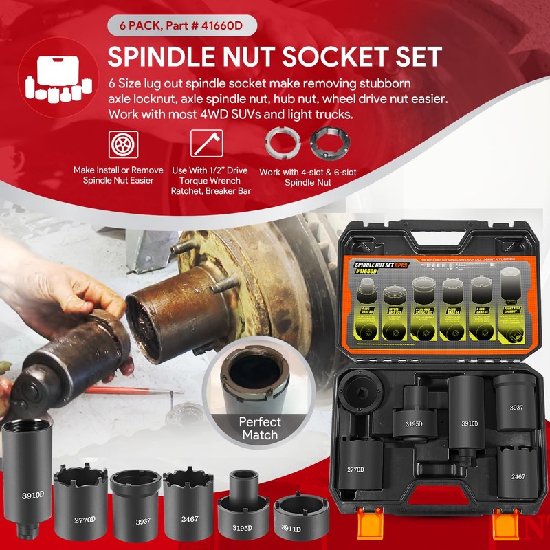 6 Pack Spindle Socket Set, 41660D 4WD Axle Hub Lock