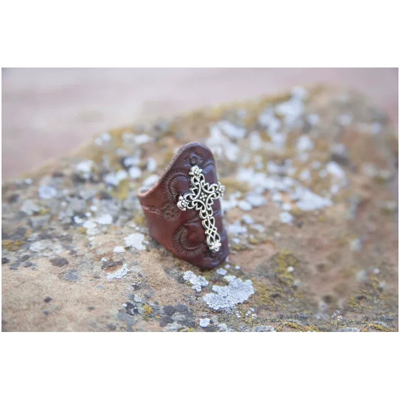 Gray Wolf Collections Leather Silver Cross Ring, Southwestern Design