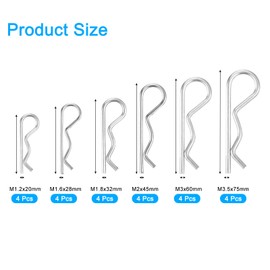 sourcing map 24Pcs 6 Sizes Zinc-Plated Carbon Steel R Shaped Spring Cotter Pins Set, R Clips Cotter Pin Spring Fastener for Household Appliances, Car Mechanics Repair (White)
