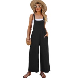 Flygo Overalls for Women Cotton Linen Bib Overalls Loose Fit Wide Leg Jumpsuits Casual Rompers with Pockets(Black-M)