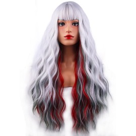 BERON Silver and Red Green Wigs Curly Wavy Women Wigs with Bangs Mixed Color Heat Resistant Synthetic Wig for Christmas Cosplay or Daily Wigs Wig Cap Included
