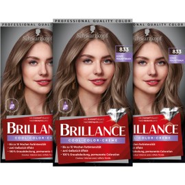 Brillance Intensive Colour Cream 833 Cool Mother of Pearl Brown Level 3 (3 x 160 ml), Permanent Hair Colour with Diamond Shine Effect & Care Conditioner, 10 Weeks Colour Intensity