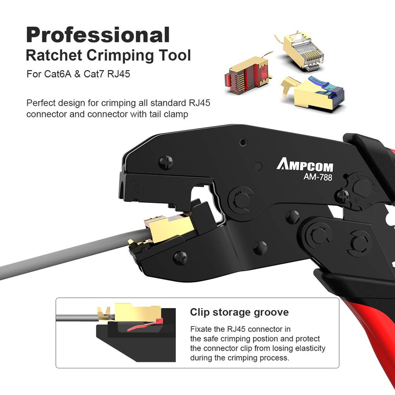 AMPCOM One-step RJ45 Ratcheting Crimper for Cat6A, Cat7 Shielded Connector