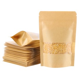 uxcell 100pcs Kraft Stand Up Pouches, 6 x 9 Resealable Kraft Paper Zip Seal Food Storage Bags Multipurpose Bulk Packing Bags with Matte Window for Dried Fruit Nut Coffee Tea