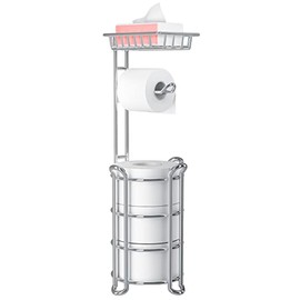Toilet Paper Holder Stand with Shelf for Phone, Bathroom Free Standing Tissue Roll Storage Rack with Dispenser for 4 Mega Rolls, Chrome