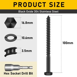 Valorada 8Pcs M10 x 100mm Coach Screws, Heavy Duty Lag Bolts 304 Stainless Steel, 100mm Wood Screws, Hex Head Partial Thread Black Oxide, with Washers and Hex Socket Drill Bit