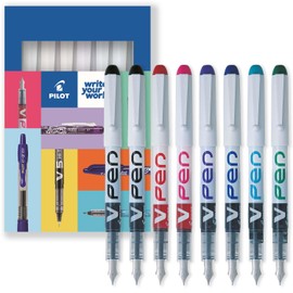 Pilot V Pen Disposable Erasable Fountain Pen 0.6mm Tip Medium Line 8 Pack Black Red Pink Purple Blue Peacock & Green Cardboard Gift Box Set