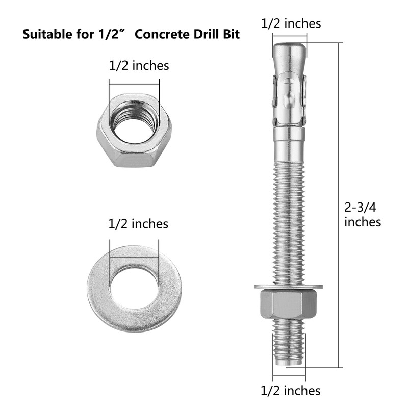 Wensilon 5Pcs 1/2x2-3/4 Inch Standard Fasteners for Heavy-Duty 304 Stainless