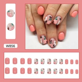 Press on Nails Almond False Nails Full Cover with Flower Designs Acrylic Nail Short French Tip Sticks on Nail for Women Girls Nails Supplies Decorations 24pcs