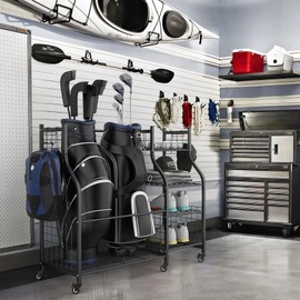 WALMANN Garage Golf Bag Storage Organizer Stand, Extra Large Golf Bag Stand with Golf Accessories Storage Shelves Rolling Golf Bags Organizer