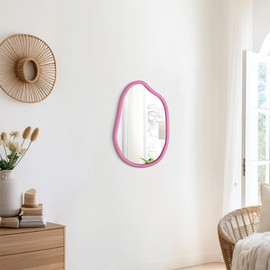 HLFMVWE Asymmetrical Accent Mirror for Wall Irregular Wood Frame Modern Unique Wall Mirror Decorative Vanity Bathroom Living Room Bedroom Entryway Hallway Artistic Mirror Small Pink 14"x10"