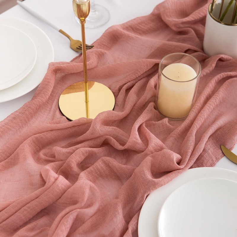 AOKSUNOVA Dusty Rose Cheesecloth Table Runner Boho Table Runner Pink