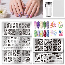 UNICRAFTALE 5Pcs Nail Stamping Plates Butterfly Flower Nails Stamping Template Kit Abstract Textures French Tip Nail Stamp Star Stainless Steel Nails Stamping Plates for DIY Women Gift 12x6cm