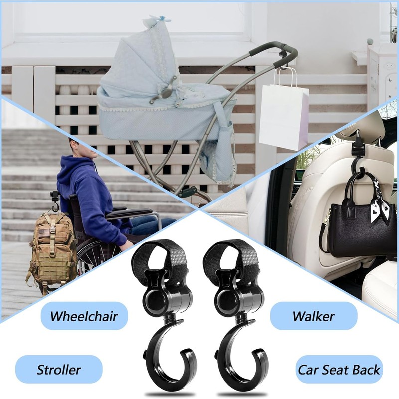 4 Pcs Baby Stroller Hooks, Walker Hook Hanging, Multipurpose 360°