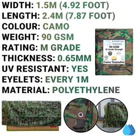 Premium Camouflage Heavy Duty Tarpaulin, 90gsm Waterproof Cover Ground Sheet Forest Tarp, Army Camo Basha, Weatherproof Tear & UV Resistance Military Sheet (1.5m x 2.4m)