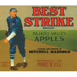 WONDERFULITEMS Best Strike Baseball Pajaro Valley Apples California USA Fruit Crate Label Print Reproduction