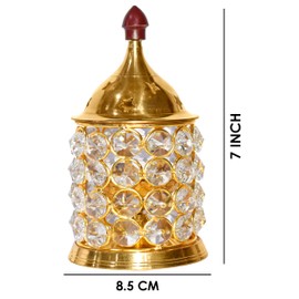 SATVIK 7 Inch Handmade Metal Akhand Crystal Diya Decorative Brass Crystal Oil Lamp Tea Light Holder Pillar Shape Puja Lamp