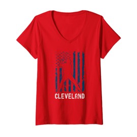 Womens Cleveland American Flag Baseball Weathered V-Neck T-Shirt