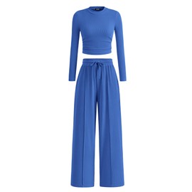 BTFBM Casual 2 Piece Sets For Women Spring Outfits 2025 Long Sleeve Crop Top Wide Leg Pants Summer Matching Lounge Set(Blue, Medium)