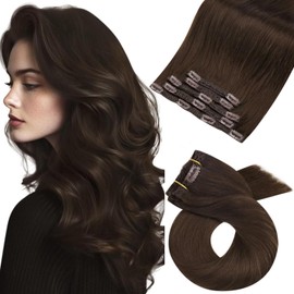 Moresoo Clip-In Real Hair Extensions, Dark Brown, 50 cm, 5 Pieces, 80 g, Straight Hair, Easy to Wear, #4, Full Head, Lightweight and Portable