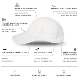 TOP-EX Womens Baseball Cap with Ponytail Hole Summer Cooling SPF 50 Waterproof Sun Caps for Outdoor Sports Adjustable Packable White S/M