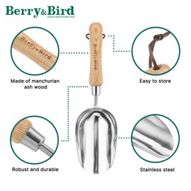 Garden Loose Soil Scoop , Stainless Steel Hand Shovel Spade with Wood Handle Multi Function Gardening Trowel Spoons for Transplanting, Digging, Planting, Cultivation