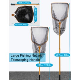 Beoccudo Large Saltwater Fishing Net Rubber Fishing Nets with Telescoping Handle Big Fish Landing Nets Kayak Fishing Net with Carrying Bag Catch & Release Net Extends to 70.8-105in, Net Depth 37in