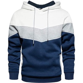 Wielsscca Mens Hoodies Pullover Color Block Fleece Sweatshirt Tops with Pocket White XXL