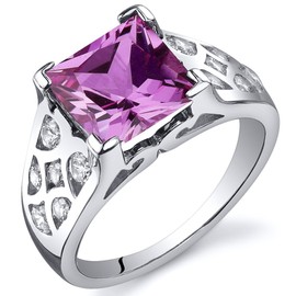 PEORA Created Pink Sapphire Ring for Women in Sterling Silver, Vintage Lattice Design, Princess Cut 3.25 Carats total, Comfort Fit, Size 8, Engagement, Promise, Anniversary Ring, Sparkling Jewelry