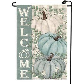 Welcome Fall Pumpkins Garden Flag 12x18 Inch Double Sided Thanksgiving Autumn Harvest Eucalyptus Blue Small Flags Outdoor Decoration for Yard QJ51