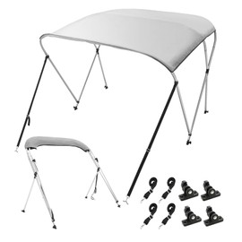 VEVOR 3 Bow Bimini Top Boat Cover, 900D Polyester Canopy with 1" Aluminum Alloy Frame, Waterproof and Sun Shade, Includes Storage Boot, 4 Straps, 2 Support Poles, 6'L x 46" H x 61"-66" W, Light Grey