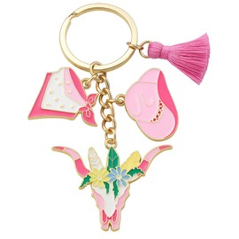 Cowboy Keychain with Hat, Rhinestone-Studded Bull Skull, Cute Cowboy Key Chain For Men Women Cowgirl Accessories-Pink