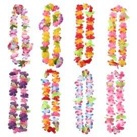 8 PCS Hawaiian Leis Garland for Luau Party Colorful Silk Tropical Flower Necklace Bulk Lais Hawaii Dresses Summer Pool Beach Hula Dance Birthday Holiday Party Decorations Favors Supplies Props