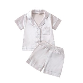YILEEGOO Kids Silk Satin Pyjamas Set Toddler Baby Girls Boys Short Sleeve Pjs Sets Nightwear 2 Piece Button-Down Sleepwear Homewear Loungewear (Silver, 5-6 Years)