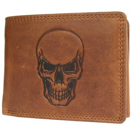 Hill Burry Leather Wallet for Men in Brown with RFID Protection with Coin Compartment (Shopping Chip) and Embossed Skull Genuine Leather Wallet (Landscape), brown, Classic