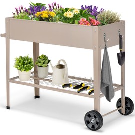 Giantex Raised Garden Bed with Legs, Metal Planter Box with Wheels, Storage Shelf, Hooks, Handle, Mobile Elevated Garden Box for Vegetables Flowers Fruits Gardening (Light Brown)