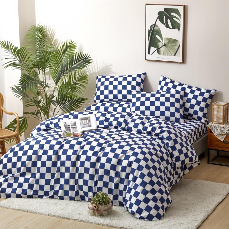 CLOTHKNOW Blue White Plaid Queen Comforter Set 3Pcs Grid Bedding