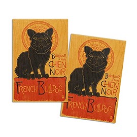 French Bulldog, Retro Chien Noir Ad (4x6 Birch Wood Postcards, 2-Pack Stationary, Rustic Home Wall Decor)