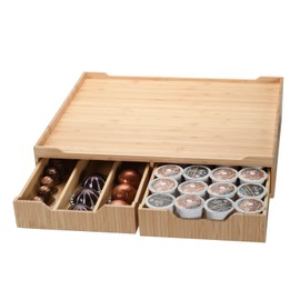 Bamboo Drawer & Large Sliding Tray for K-Cup & Espresso Pod Storage Organize Coffee Maker & countertop appliances for Kitchen & Office Break Rooms