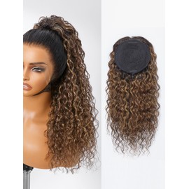 LUVME Drawstring Ponytail Extensions Human Hair for Women, Long Water Wave Curly 18 Inch Highlight Wrap Around Clip in Ponytail