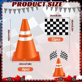 Bucherry 18 Pcs Traffic Cones and Racing Checkered Flags Black and White Flags on Sticks 12 in Traffic Cones Race Car Theme Birthday Construction Checkered Party Favors Supplies