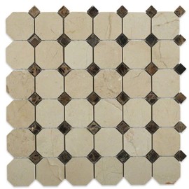 Tenedos Crema Marfil 2 Inch Octagon Pattern with Dark Emperador Dots Marble Tile Mosaics for Floor and Wall, Bathroom and Kitchen Walls, Backsplashes - 5 Sheet Set - 5 Sqft