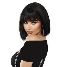 Women's Straight Black Bob Wig with Bangs, Short Bangs, Natural wig Heat Resistant Synthetic Black Wig (Black)