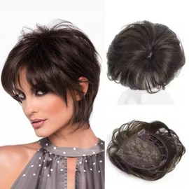 Funyn Hair Topper for Women Short Bob with Bangs &Side Part 360° 3D Cover 6.5x6.5 Inches Synthetic Topper Pieces Natural Look Wig for Thinning Hair (Brown)