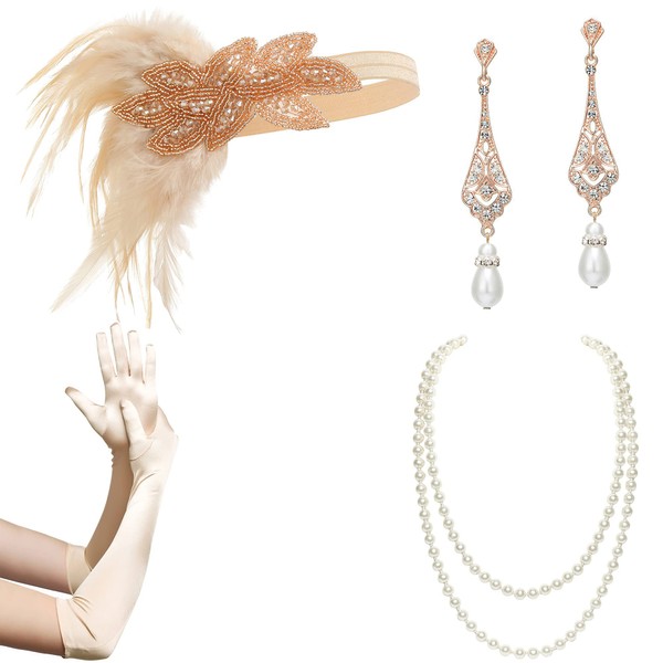 BABEYOND 1920s Flapper Accessories Gatsby Costume Accessories Set 20s Flapper Headband Pearl Necklace Gloves Plastic Holder
